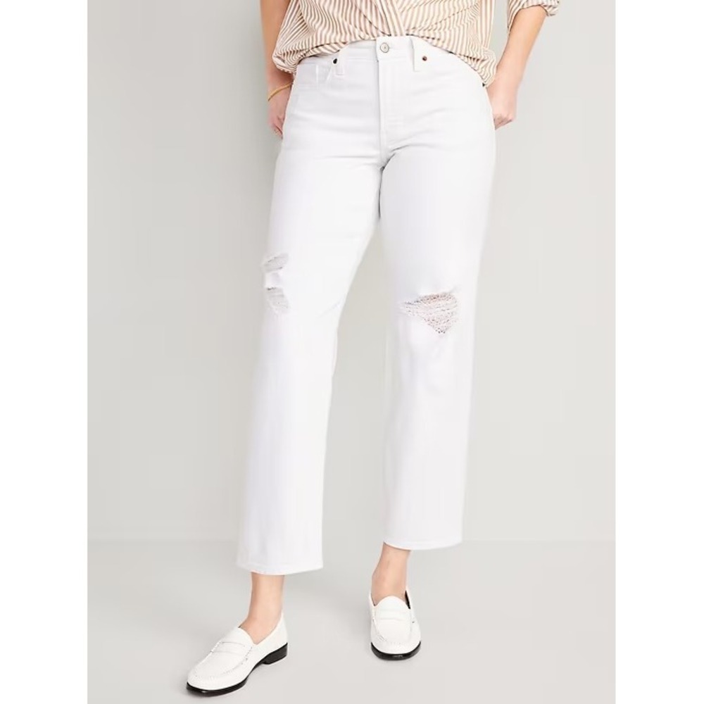 Old Navy OG Loose High Rise Distressed Jeans Wide Leg White Womens 18
